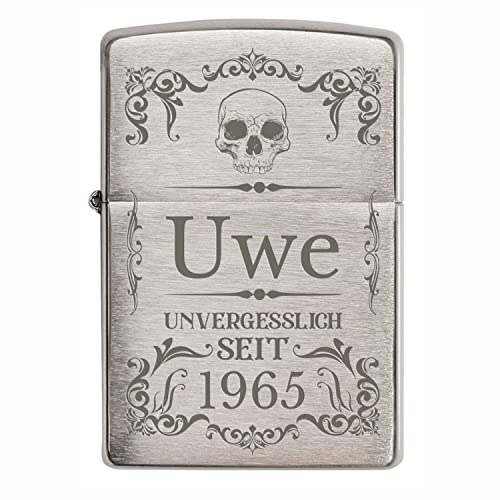 Creativgravur - Zippo mit Gravur in Chrom-Optik - Verschiedene Motive - Zippo Feuerzeug personalisiert mit Geschenk-Box - Zippo Brushed als Geschenk - Motiv: Totenkopf von creativgravur