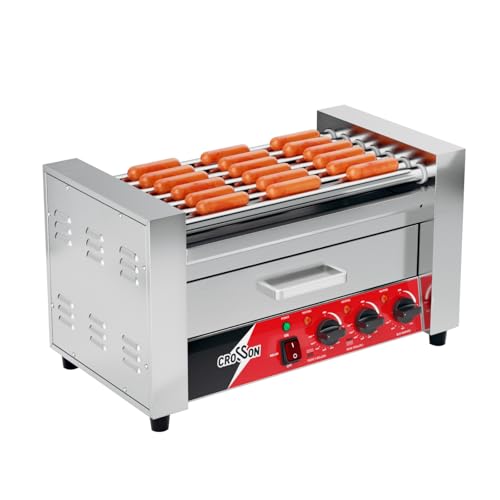 CROSSON Hot Dog 7-Walzen-Grillkochermaschine mit Brötchenwärmer, 7 Antihaft-Rollen 304SS und Dual-Temp-Steuerung von crosson