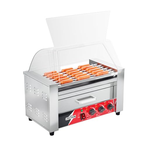 CROSSON Hot Dog 7-Walzen-Grillkochermaschine mit Brötchenwärmer, transparenter Abdeckung, 7 Antihaft-Rollen 304SS und Dual-Temp-Steuerung von crosson