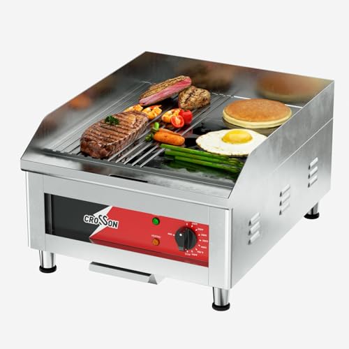 CROSSON Profi Gastro Grillplatte Elektrisch mit halb glatter und halb gerillter Grillfläche (40 x 40 cm) aus 10 mm starkem Gusseisen und 300℃ precise EGO Thermostat von crosson