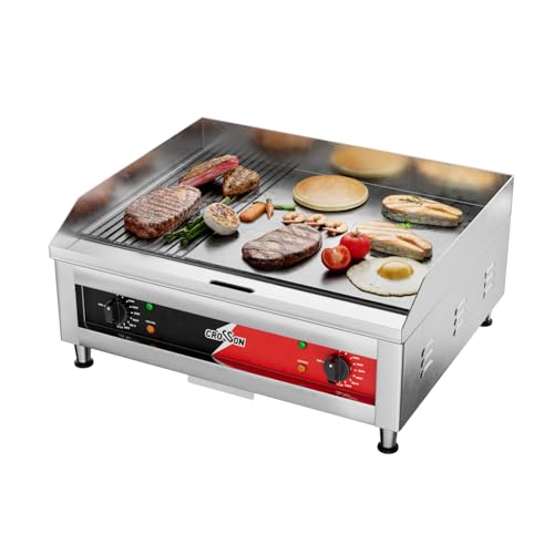 CROSSON Profi Gastro Grillplatte elektrisch mit 1/3 glatter&2/3 gerillt Grillfläche (60 x 40 cm) aus 10 mm dickem Gusseisen, 2 Zonen Temperatur separat und stufenlos regelbar je 50-300 °C von crosson