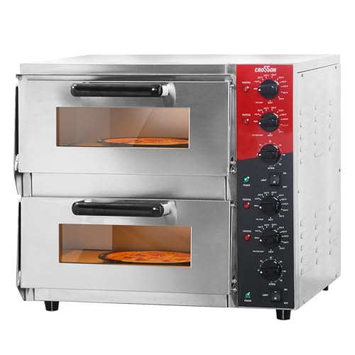CROSSON elektrischer Profi-Pizzaofen mit 400x400 mm Backfläche aus Schamottstein für Pizza und Brot, unabhängige Ober- und Untertemperatur bis 350℃ auf jeder Schicht,30-Minuten-Timer von crosson