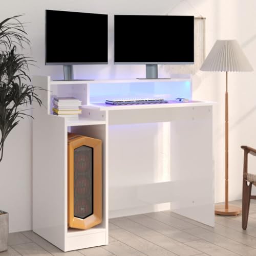 Furniture Home Tools Schreibtisch mit LED-Lichtern, Hochglanz-Weiß, 97 x 45 x 90 cm, Holzwerkstoff von csderty