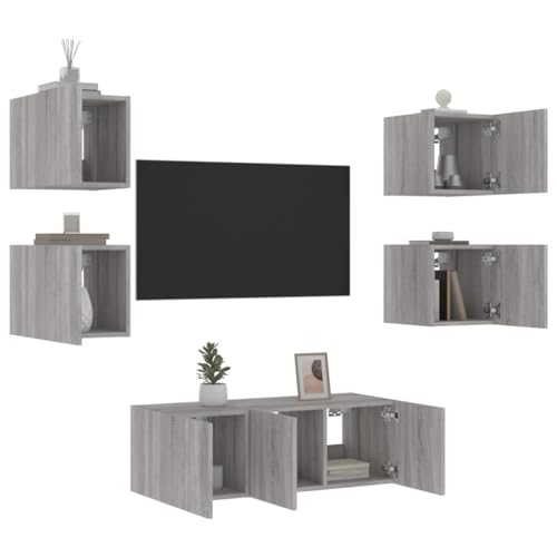 csderty Furniture Home Tools 6-teilige TV-Wohnwand mit LED, Grau, Sonoma, Holzwerkstoff von csderty
