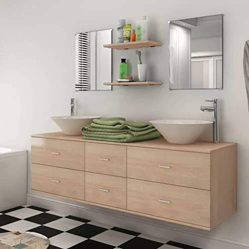 csderty Furniture Home Tools 9-teiliges Badmöbel-Set mit Waschbecken mit Wasserhahn Beige von csderty