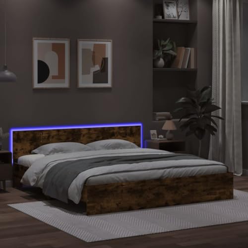 csderty Furniture Home Tools Bettrahmen mit Kopfteil und LED, Raucheiche, 180 x 200 cm, Super-King-Size-Bett von csderty