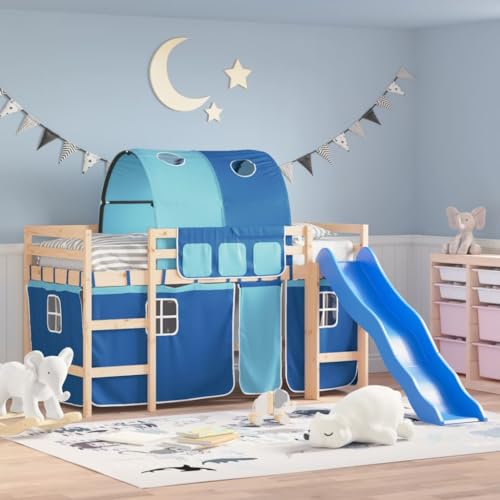csderty Furniture Home Tools Kinder Hochbett mit Tunnel Blau 90x190 cm Massivholz Kiefer von csderty