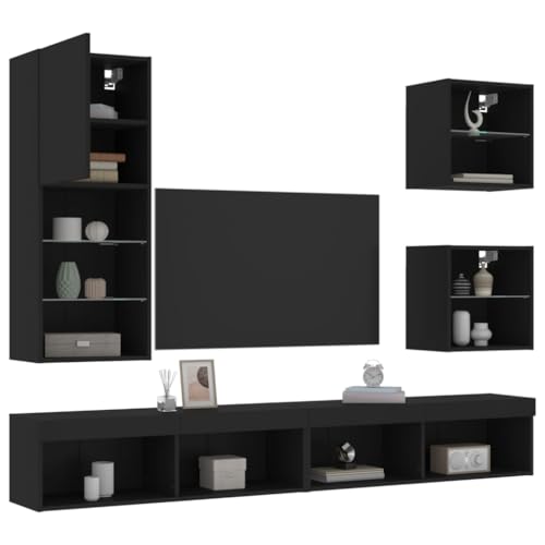 csderty Furniture Home Tools TV-Wandschrank mit LED, Schwarz, Holzwerkstoff, 5-teilig von csderty