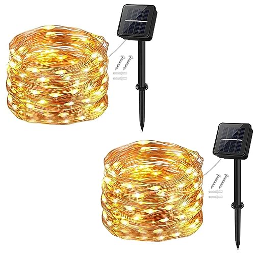 cshare [2 Stück Solar Lichterkette Aussen, 120LED 12M 8 Modus Außenbeleuchtung Kupferdraht Wasserdicht für Garten,Balkon,Terrasse,Balkon,Tor,Hof,Hochzeit,Party(Warmweiß) von cshare