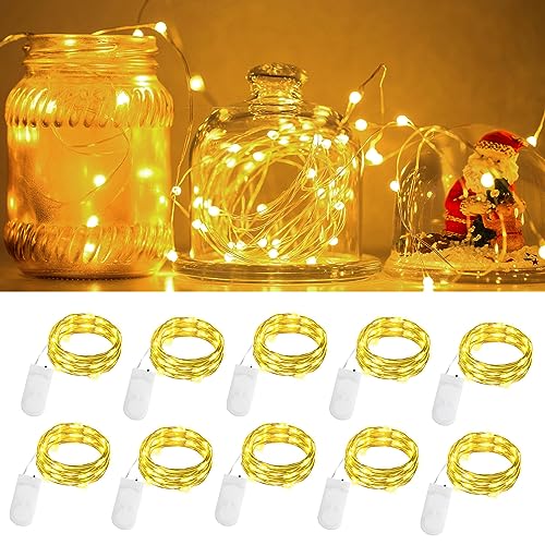 cshare LED Lichterkette Batterie 10Pcs, 2M 20Leds Mini Lichterkette IP65 Wasserdicht Kupfer Drahtlichterkette für Gefäße,Weihnachten,Halloween,Flaschen, Schlafzimmer In/Außenbereich Dekor(Warmweiß) von cshare