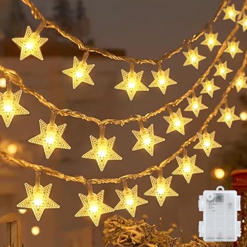 cshare Led Lichterketten Sterne Außen, 6M 40LED Fünfzackiger Stern Batteriebetriebene Lichterkette mit Timer IP65 Wasserdicht für Jar Garten Camping Weihnachten Innen Außen Dekorationen,Warmweiß von cshare