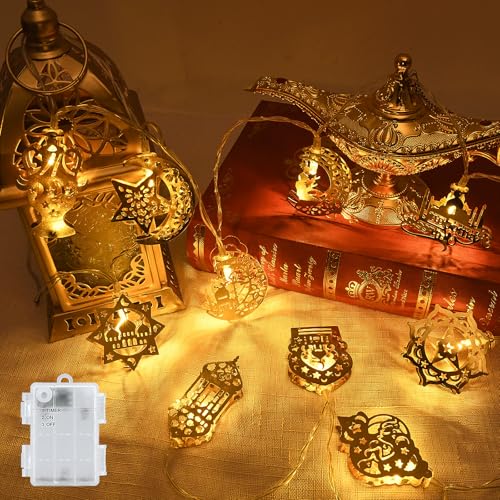 cshare Ramadan Eid Dekorationen Lichterkette, 1.5M 10LEDs Mubarak Islam Batteriebetrieben Stern Mond Lichterketten mit Timer IP65 Wasserdicht, für Ramadan Eid Party Home Garten Innen Außen-Warmweiß von cshare
