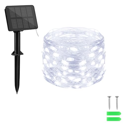 cshare Solar Lichterkette Aussen, 10M 100LED Solar Lichterkette Kupferdraht 8 Modi Timer IP65 Wetterfest für Hof, Weihnachtsbaum, Garten, Schlafzimmer, Balkon, Tor Innen/Außen Dekorationen (Kaltweiß) von cshare
