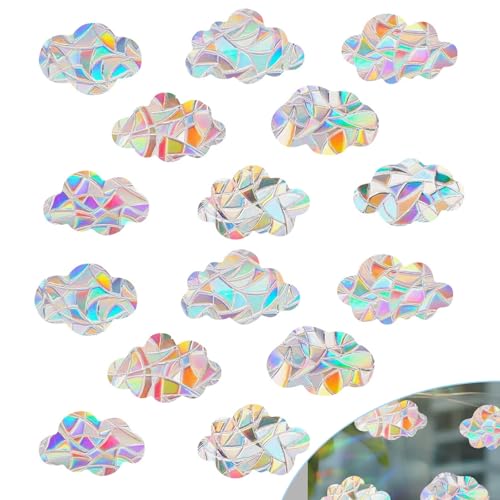 16 Stück Rainbow Window Clings 3D Dekorative Fensterfolie Groß Wolkenform Prisma Fensteraufkleber Vogel Anti Kollisions Fenster Aufkleber Wolke Suncatcher Durchscheinende Statische Aufkleber von cuhostki