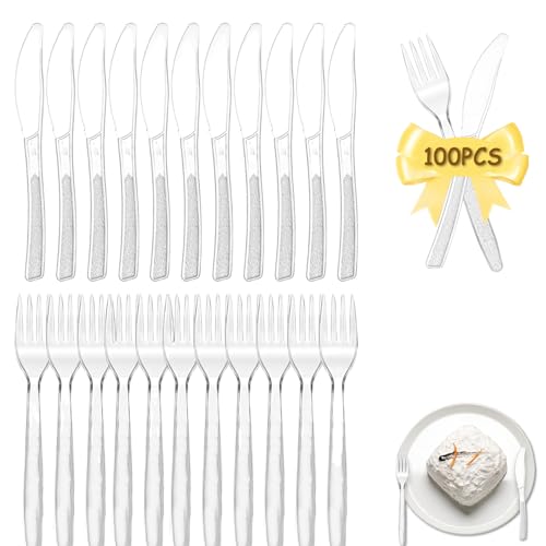 cuhostki Plastikbesteck Set, 100 Stück Mehrweg Besteck (Je 50 Kompostierbare Gabel, Messer) Party Besteck Transparente Kuchengabel Und Messer, Für Außenbereich Und Im Innen Veranstaltungen Catering von cuhostki