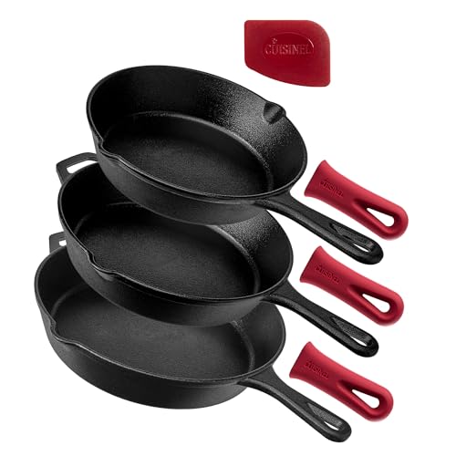 Gusseisen-Pfannen-Set – 20,3 cm + 25,4 cm + 30,5 cm Voreingebrannte Pfannen + Silikon-Griffabdeckungen – Für Innen- und Außenbereich, Ofen, Grill, Herd, Feuer und Induktionskochgeschirr von cuisinel