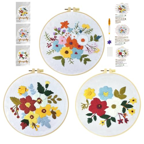 cukol cukol 3pcs Blume Stickset Sticken Set für Erwachsene Anfänger, Embroidery Kit, Stickvorlagen Kreuzstich Vorgedruckt Stickbilder Stickbild Stickpackung Stickvorlage Stickpackungen Stickerei von cukol cukol
