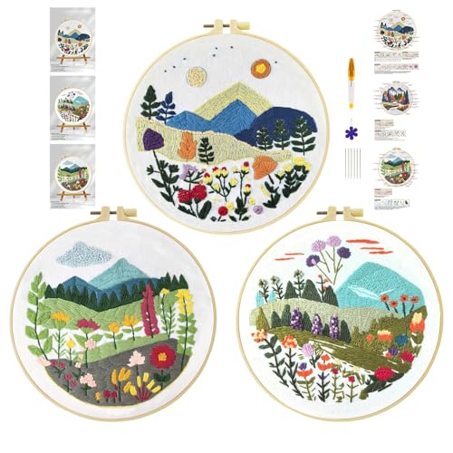 cukol cukol 3pcs Stickset Sticken Set für Erwachsene Anfänger, Blumen Gras Embroidery Kit, Stickvorlagen Kreuzstich Vorgedruckt Stickbilder Stickbild Stickpackung Stickvorlage Stickpackungen Stickerei von cukol cukol