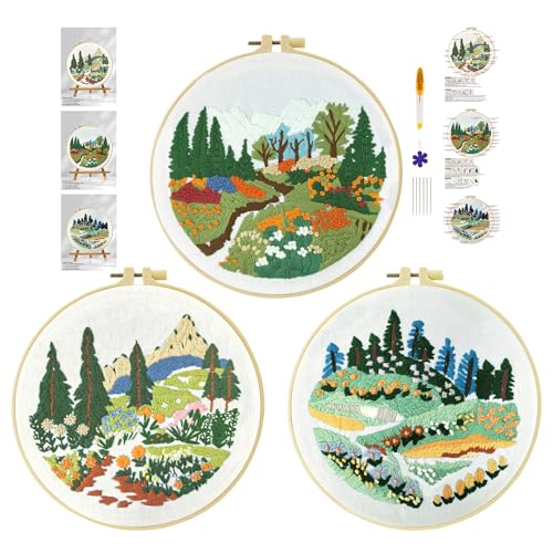 cukol cukol 3pcs Landschaft Stickset Sticken Set für Erwachsene Anfänger, Embroidery Kit, Stickvorlagen Kreuzstich Vorgedruckt Stickbilder Stickbild Stickpackung Stickvorlage Stickpackungen Stickerei von cukol cukol