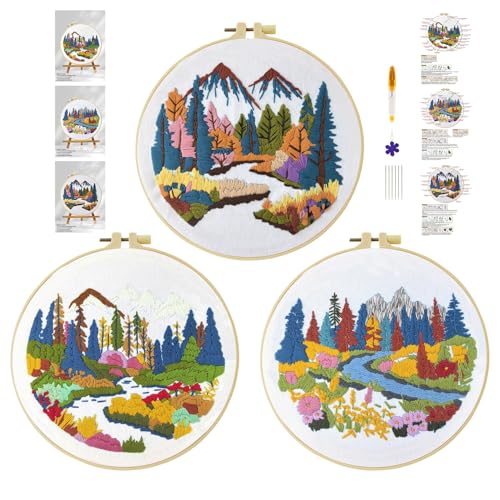 cukol cukol 3pcs Stickset Sticken Set für Erwachsene Anfänger, Embroidery Kit, Stickvorlagen Kreuzstich Vorgedruckt Stickbilder Stickbild Stickpackung Stickvorlage Stickpackungen Stickerei Landschaft von cukol cukol