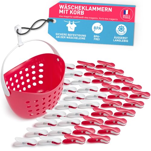 culiclean Wäscheklammern stabil ohne Abdruck Soft Clips mit Wäscheklammernkorb 40 Stück mit Wäscheklammernkorb/Viva Magenta weiß/weiß Viva Magenta Korb Viva Magenta Henkel weiß Korb statt Beutel von culiclean