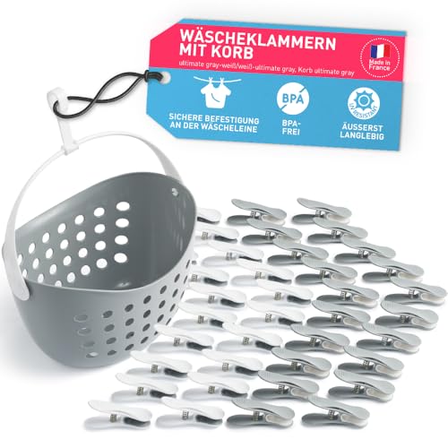culiclean Wäscheklammern stabil ohne Abdruck Soft Clips mit Wäscheklammernkorb 40 Stück mit Wäscheklammernkorb/Ultimate Gray weiß/weiß Ultimate Gray Korb Ultimate Gray Henkel weiß Korb statt Beutel von culiclean