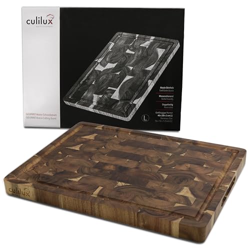 CULILUX® Gourmet Schneidebrett L Stirnholz Akazie 2-seitig 40 x 30 x 3 cm mit Saftrille antiseptisches Hirnholz Holzbrett als Schneidbrett und zum Servieren von culilux