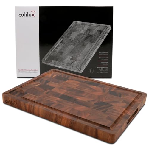 CULILUX® Gourmet Schneidebrett L Stirnholz Walnuss 2-seitig 40 x 30 x 3 cm mit Saftrille antiseptisches Hirnholz Nussbaum Holzbrett als Schneidbrett und zum Servieren von culilux
