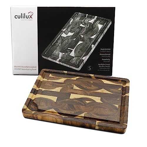 CULILUX® Gourmet Schneidebrett S Stirnholz Akazie 2-seitig 30 x 20 x 2 cm mit Saftrille antiseptisches Stirnholz Holzbrett als Schneidbrett und zum Servieren von culilux
