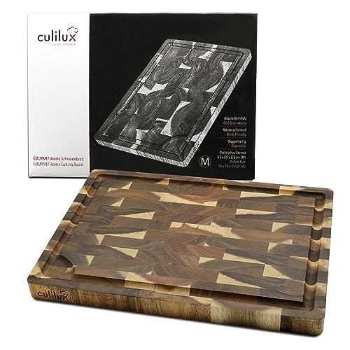 CULILUX Gourmet Schneidebrett M Stirnholz Akazie 2-seitig 35 x 25 x 2.5 cm mit Saftrille antiseptisches Hirnholz Holzbrett als Schneidbrett und zum Servieren von culilux