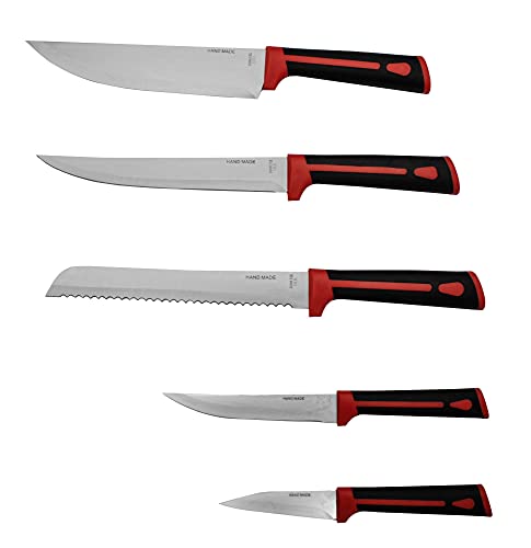 culinario 5-teiliges Messerset, Edelstahlklingen und Kunststoffgriffe in rot-schwarz inkl. Brotmesser und Chefmesser von culinario