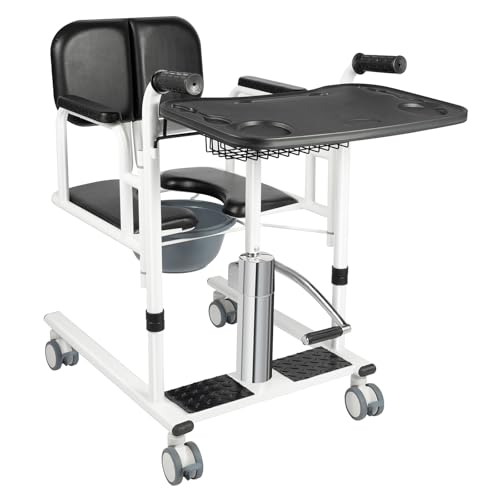 Hydraulischer Transferstuhl für Patienten, höhenverstellbar, mit Tischplatte, feststellbaren Rollen und 180° geteiltem Sitz, Duschstuhl für ältere und behinderte Menschen (schwarz) von cunnyend
