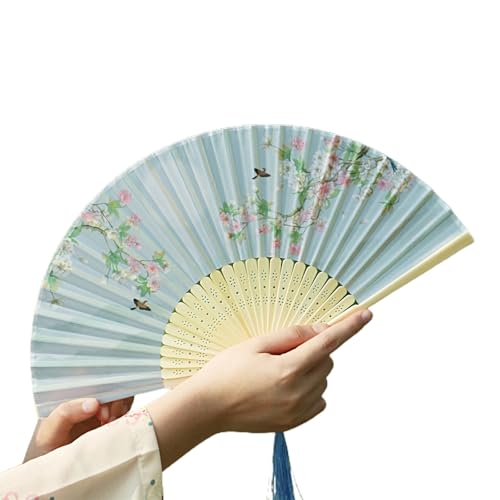 curfair Flexibler Fächer aus Kunstseide im chinesischen Stil, faltbare Hand für Damen, Vintage-Bambus-Imitation, Blumenmuster mit Quaste für Cheongsam-Tee A von curfair