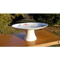 Vintage Pedestal Kuchen Pie Platte Stand With Raised Orange Pfirsich Farbige Blumen Unmarkiert, Aber Sehr Hohe Qualität Und Einzigartige Backen von curioscity