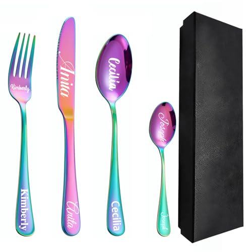 Kundenspezifisches graviertes Besteck-Set, 1 Set von 4 Stück, personalisiertes Besteck für Erwachsene, Gabel, Messer, Löffel und Teelöffel graviertes Edelstahl-Besteck-Set (Farbe) von custyoulife