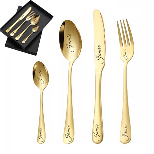 Kundenspezifisches graviertes Besteck-Set, 1 Set von 4 Stück, personalisiertes Besteck für Erwachsene, Gabel, Messer, Löffel und Teelöffel graviertes Edelstahl-Besteck-Set (Goldene) von custyoulife
