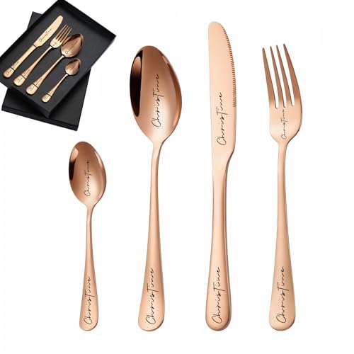 Kundenspezifisches graviertes Besteck-Set, 1 Set von 4 Stück, personalisiertes Besteck für Erwachsene, Gabel, Messer, Löffel und Teelöffel graviertes Edelstahl-Besteck-Set (Rose Gold) von custyoulife