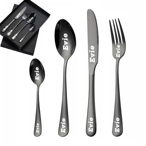 Kundenspezifisches graviertes Besteck-Set, 1 Set von 4 Stück, personalisiertes Besteck für Erwachsene, Gabel, Messer, Löffel und Teelöffel graviertes Edelstahl-Besteck-Set (Schwarz) von custyoulife