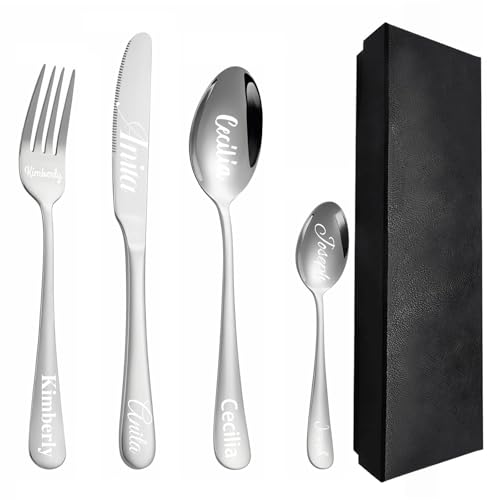 Kundenspezifisches graviertes Besteck-Set, 1 Set von 4 Stück, personalisiertes Besteck für Erwachsene, Gabel, Messer, Löffel und Teelöffel graviertes Edelstahl-Besteck-Set (Silber) von custyoulife