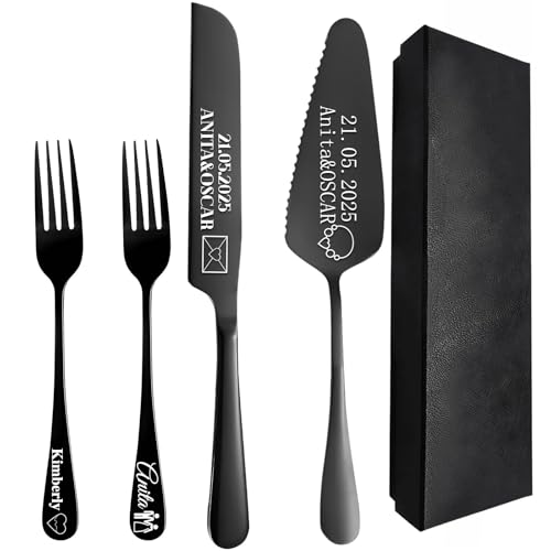 Personalisierte Hochzeitskuchen Messer und Server Sets Edelstahl Kuchen Schneiden Set, benutzerdefinierte Kuchen Schneiden Set für Hochzeitstag Verlobung Geburtstagsgeschenke (Schwarz) von custyoulife