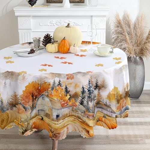 cusugbaso Runde Tischdecke, Herbstdekoration für Zuhause, wasserabweisend, Bauernhofernte, Erntedankfest, Kürbisse, Herbstdekoration für Zuhause, Tisch, Esszimmer, 177,8 cm von cusugbaso