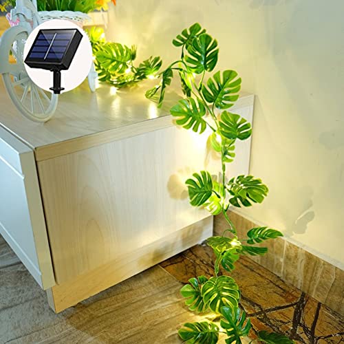 cuzile 20 LED Blatt String Lichter Dschungel Dekor Tropische Monstera Blätter mit warmen Lichtern Solar betriebene Nachtlichter für Dschungel Safari Geburtstagsparty Tischdekoration von cuzile