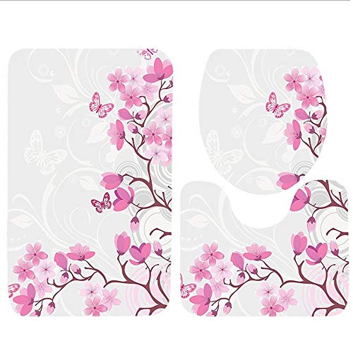 Japanische Kollektion Mystical Majestic Pink Cherry Blossom Tree Floral Leaves Asian Nature in Golden Sun Pink Yellow Badteppich-Set 3-teilig rutschfest Badezimmer Bodenmatte Konturteppich Deckelbezug von cwb2jcwb2jcwb2j