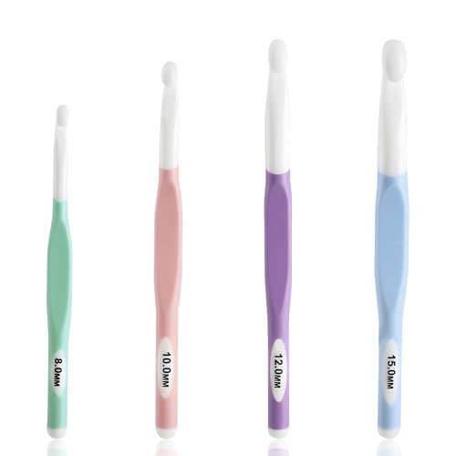 Große Häkelnadel Set mit Gummigriff, 4 Verschiedene Größen (8,0 mm, 10,0 mm, 12,0 mm, 15,0 mm) Häkelnadeln Set Ergonomisch, für Anfänger, Kinder und Hobbyisten mit Arthritis von cxxtkcxxlc