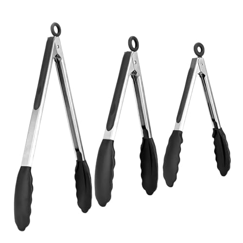 Küchenzange Silikon Schwarze 3er-Set, Grillzange Silikon mit Antihaft-Gummispitzen & Silikonbeschichtetem Griff, Rostfrei und Langlebig(21cm, 27cm und 34cm) von cxxtkcxxlc