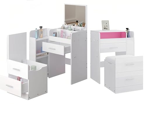Kleiner Schminktisch mit Spiegel Klappbarer Spiegel Frisiertisch mit Polsterhocker mit LED mit 4 Schubladen 1 Ablage für Schlafzimmer Wohnzimmer Möbel (Weiß) von cxzvewr