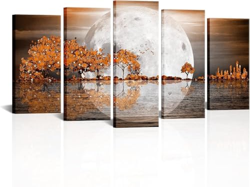 cyongshan Leinwand Kunst Wandmalerei Kunst 3D-Druck Malerei Bild Dekorative Kunst 5 Stück Moderne Mikro-SprayBlütenbäume Vollmond Meerblick Poster Foto Wohnzimmer Schlafzimmer Dekoration40 x22 von cyongshan