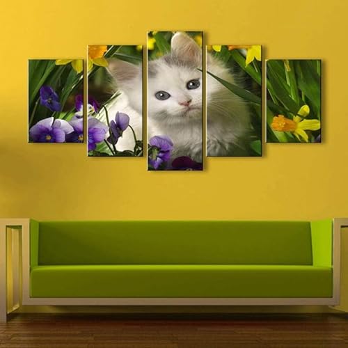 cyongshan Leinwand Kunst Wandmalerei Kunst3D-Druck Malerei Bild Dekorative Kunst5Stück Moderne Mikro-SpraySüße kleine weiße Katze BlumePoster Foto Wohnzimmer Schlafzimmer Dekoration60 x32 Rahmen von cyongshan
