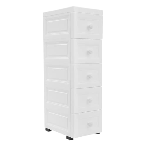czyuRachel Schmale Kommode mit 5 Schubladen, Kommode Schlafzimmer mit Räder, Badezimmerschrank mit Schubladen, Einfacher Stil Schlafzimmermöbe, Weiß von czyuRachel