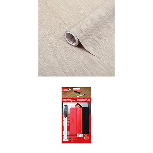 Bundle aus Möbel-Klebefolie Santana Oak Kalk Holz-Optik 90 cm x 2,1 m - Möbelfolie selbstklebend Eiche braun & Verarbeitungsset mit Rakel und Schneidemesser von d-c-fix